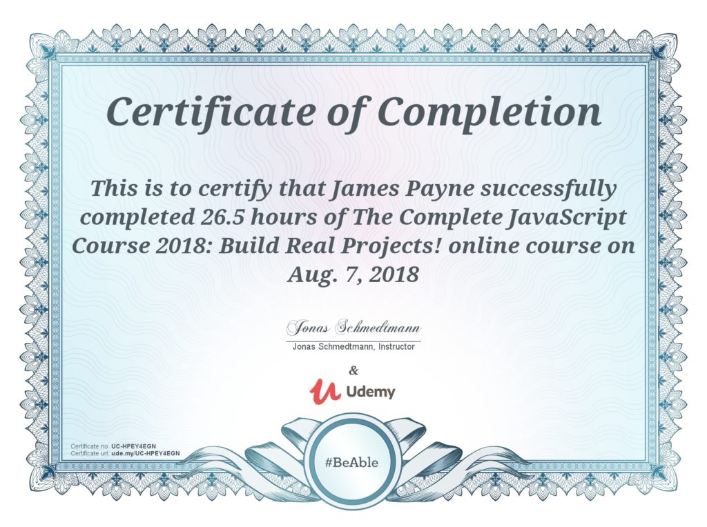 Udemy Certificate of Completion - JavaScript 2018