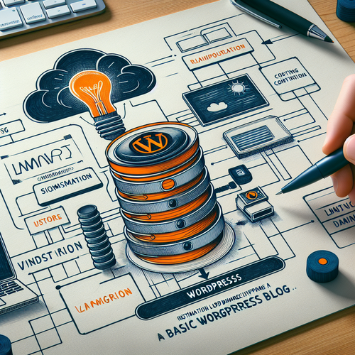 An AI generated image based on this input: AWS CloudFormation Template for a Basic WordPress Blog: This template would set up an EC2 instance with the LAMP stack, install WordPress, and configure routing via an Elastic Load Balancer.